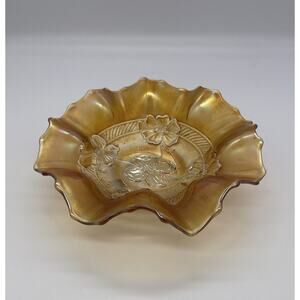 Dugan Diamond Glass Iridized Marigold Carnival Apple Blossom 7 3/4" Ruffled Bowl
